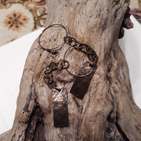 Thriftyposh910 Jewelry - Handcrafted oxidized brass bar chain hoop dangle earrings